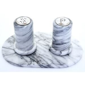 SALT & PEPPER SHAKERS MATCHING MARBLE STAND-Marble-Black & White-Set of 3 Pieces